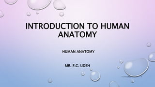 INTRODUCTION TO HUMAN
ANATOMY
HUMAN ANATOMY
MR. F.C. UDEH
11/17/2022 1
 