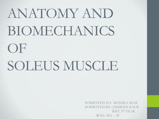 ANATOMY AND
BIOMECHANICS
OF
SOLEUS MUSCLE
SUBMITTED TO:- MONIKA MAM
SUBMITTED BY:- JASMEEN KAUR
B.P.T. 2nd YEAR
ROLL NO. :- 38
 