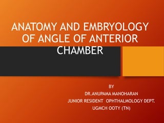 ANATOMY AND EMBRYOLOGY
OF ANGLE OF ANTERIOR
CHAMBER
BY
DR.ANUPAMA MANOHARAN
JUNIOR RESIDENT OPHTHALMOLOGY DEPT.
UGMCH OOTY (TN)
 