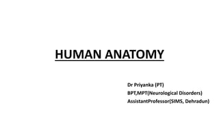 HUMAN ANATOMY
Dr Priyanka (PT)
BPT,MPT(Neurological Disorders)
AssistantProfessor(SIMS, Dehradun)
 