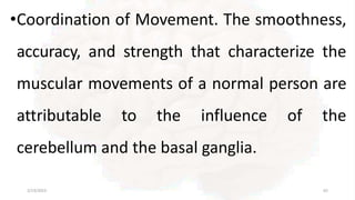 •Coordination of Movement. The smoothness,
accuracy, and strength that characterize the
muscular movements of a normal person are
attributable to the influence of the
cerebellum and the basal ganglia.
2/13/2023 62
 