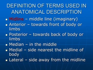 DEFINITION OF TERMS USED IN
ANATOMICAL DESCRIPTION
 Midline – middle line (imaginary)
 Anterior – towards front of body or
limbs
 Posterior – towards back of body or
limbs
 Median – in the middle
 Medial – side nearest the midline of
body
 Lateral – side away from the midline
 
