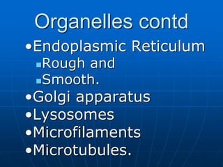 Organelles contd
•Endoplasmic Reticulum
Rough and
Smooth.
•Golgi apparatus
•Lysosomes
•Microfilaments
•Microtubules.
 