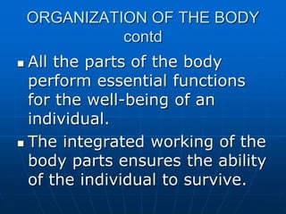 ORGANIZATION OF THE BODY
contd
 All the parts of the body
perform essential functions
for the well-being of an
individual.
 The integrated working of the
body parts ensures the ability
of the individual to survive.
 