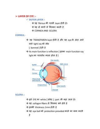  LAYER OF EYE :-
 OUTER LAYER :-
 यह ﬁbrous क पतल layer होती हे।
 यह दो भागो से मलकर बनती हे
 CORNEA AND SCLERA
CORNEA:-
 यह TRANSPAREN layer होती हे और यह eye क
े अंदर आने
वाले light ray को मोड़
[ banned ] देती हे
 Its main func on is reﬂec on [ इसका main func on ray
light का परावतन करना होता हे ]
SCLERA :-
 इसे EYE का white [ सफ़
े द ] part भी कहा जाता हे।
 यह collagen ﬁbers से मलकर बने होते हे
 इसक thickness 1mm होती हे
 यह eye ball को protec on provided करने का काम करती
हे
 