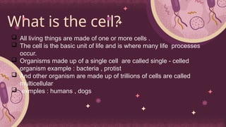 What is the cell?
 All living things are made of one or more cells .
 The cell is the basic unit of life and is where many life processes
occur.
 Organisms made up of a single cell are called single - celled
organism example : bacteria , protist
 And other organism are made up of trillions of cells are called
multicellular
 exmples : humans , dogs
 