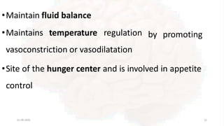 by promoting
01-09-2020 32
•Maintain fluid balance
•Maintains temperature regulation
vasoconstriction or vasodilatation
•Site of the hunger center and is involved in appetite
control
 
