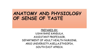 ANATOMY AND PHYSIOLOGY
OF SENSE OF TASTE
PREPARED BY:
USHA RANI KANDULA,
ASSISTANT PROFESSOR,
DEPARTMENT OF ADULT HEALTH NURSING,
ARSI UNIVERSITY,ASELLA,ETHIOPIA,
SOUTH EAST AFRICA.
 