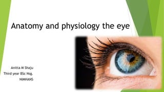Anatomy and physiology the eye
Anitta M Shaju
Third year BSc Nsg.
NIMHANS
 