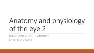 Anatomy and physiology
of the eye 2
DEPARTMENT OF OPHTHALMOLOGY
BY DR. SELAMAWIT E
 