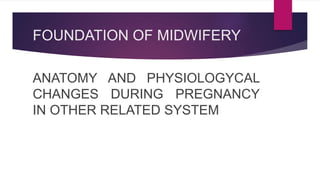 FOUNDATION OF MIDWIFERY 
ANATOMY AND PHYSIOLOGYCAL 
CHANGES DURING PREGNANCY 
IN OTHER RELATED SYSTEM 
 