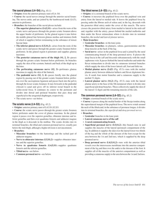 The sacral plexus (L4–S4) (Fig. 45.1)
• Origins: from the anterior primary rami of L4–S4.
• Course: the sacral nerves emerge through the anterior sacral foram-
ina. The nerves unite, and are joined by the lumbosacral trunk (L4,5),
anterior to piriformis.
• Branches: the branches of the sacral plexus include:
• The superior gluteal nerve (L4,5,S1)aarises from the roots of the
sciatic nerve and passes through the greater sciatic foramen above
the upper border of piriformis. In the gluteal region it runs below
the middle gluteal line between gluteus medius and minimis (both
of which it supplies) before terminating in the substance of tensor
fasciae latae.
• The inferior gluteal nerve (L5,S1,2)aarises from the roots of the
sciatic nerve and passes through the greater sciatic foramen below
piriformis. In the gluteal region it penetrates and supplies gluteus
maximus.
• The posterior cutaneous nerve of the thigh (S1, 2, 3)apasses
through the greater sciatic foramen below piriformis. Its branches
supply the skin of the scrotum, buttock and back of the thigh up to
the knee.
• The perforating cutaneous nerve (S2, 3)aperforates gluteus
maximus to supply the skin of the buttock.
• The pudendal nerve (S2, 3, 4)apasses brieﬂy into the gluteal
region by passing out of the greater sciatic foramen below pirifor-
mis over the sacrospinous ligament and passes back into the pelvis
through the lesser sciatic foramen. It runs forwards in the pudendal
(Alcock’s) canal and gives off its inferior rectal branch in the
ischio-rectal fossa. It continues its course to the perineum and
divides into dorsal and perineal branches that pass deep and
superﬁcial to the urogenital diaphragm, respectively.
• The sciatic nerveasee below.
The sciatic nerve (L4–S3) (Fig. 45.2)
• Origins: anterior primary rami of L4,5,S1,S2,S3.
• Course: the sciatic nerve passes through the greater sciatic foramen
below piriformis under the cover of gluteus maximus. In the gluteal
region it passes over the superior gemellus, obturator internus and in-
ferior gemellus and then over quadratus femoris and adductor magnus
in the thigh as it descends in the midline. The sciatic divides into its
terminal branches, the tibial and common peroneal nerves, usually just
below the mid-thigh, although a higher division is not uncommon.
• Branches:
• Muscular branchesato the hamstrings and the ischial part of
adductor magnus.
• Nerve to obturator internus (L5,S1,2)asupplies obturator inter-
nus and the superior gemellus.
• Nerve to quadratus femoris (L4,5,S1)asupplies quadratus
femoris and the inferior gemellus.
• Tibial nerveasee below.
• Common peroneal nerveasee below.
The tibial nerve (L4–S3) (Fig. 45.2)
• Origins: it is a terminal branch of the sciatic nerve.
• Course: it traverses the popliteal fossa over the popliteal vein and
artery from the lateral to medial side. It leaves the popliteal fossa by
passing under the ﬁbrous arch of soleus and, in the leg, descends with
the posterior tibial artery under the cover of this muscle. The nerve
crosses the posterior tibial artery from medial to lateral in the mid-calf
and, together with the artery, passes behind the medial malleolus and
then under the ﬂexor retinaculum where it divides into its terminal
branches, the medial and lateral plantar nerves.
• Main branches:
• Genicular branchesato the knee joint.
• Muscular branchesato plantaris, soleus, gastrocnemius and the
deep muscles at the back of the leg.
• Sural nerveaarises in the popliteal fossa and is joined by the sural
communicating branch of the deep peroneal nerve. It pierces the
deep fascia in the calf and descends subcutaneously with the small
saphenous vein. It passes behind the lateral malleolus and under the
ﬂexor retinaculum to divide into its cutaneous terminal branches
which supply the skin of the lower lateral calf, foot and little toe.
• Medial plantar nerve (L4,5) (Fig. 45.3)aruns with the medial
plantar artery between abductor hallucis and ﬂexor digitorum bre-
vis. It sends four motor branches and a cutaneous supply to the
medial 31
/2 digits.
• Lateral plantar nerve (S1,2) (Fig. 45.3)aruns with the lateral
plantar artery to the base of the 5th metatarsal where it divides into
superﬁcial and deep branches. These collectively supply the skin of
the lateral 11
/2 digits and the remaining muscles of the sole.
The common peroneal nerve (L4–S2) (Fig. 45.2)
• Origin: a terminal branch of the sciatic nerve.
• Course: it passes along the medial border of the biceps tendon along
the superolateral margin of the popliteal fossa. The nerve winds around
the neck of the ﬁbula and, in the substance of peroneus longus, it divides
into its terminal branches, the superﬁcial and deep peroneal nerves.
• Branches:
• Genicular branches to the knee joint.
• Lateral cutaneous nerve of the calf.
• A sural communicating branch.
• Superﬁcial peroneal nerve (L5,S1,2)athis branch runs in and
supplies the muscles of the lateral (peroneal) compartment of the
leg. In addition it supplies the skin over the lateral lower two-thirds
of the leg and the whole of the dorsum of the foot except for the
area between the 1st and 2nd toes, which is supplied by the deep
peroneal nerve.
• Deep peroneal nerve (L4,5,S1,2)aruns with the anterior tibial
vessels over the interosseous membrane into the anterior compart-
ment of the leg and then over the ankle to the dorsum of the foot. It
supplies all of the muscles of the anterior compartment as well as
providing a cutaneous supply to the area between the 1st and 2nd toes.
The nerves of the lower limb II 101
 