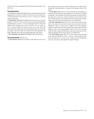 The head and neck are supplied by the ﬁrst four spinal and the 12 cra-
nial nerves.
The spinal nerves
• C1: supplies the small suboccipital muscles. Its anterior ramus joins the
hypoglossal nerve but leaves it later to form the descendens hypoglossi.
• C2: The posterior ramus forms the greater occipital nerve which is
sensory to the scalp.
• The posterior rami of C2, 3 and 4 provide muscular and sensory
branches to the back. Their anterior rami provide muscular branches,
including the descendens cervicalis (see hypoglossal nerve). They also
supply sensory branches: the greater auricular, lesser occipital, an-
terior cutaneous and the three supraclavicular nerves (Fig. 56.4). The
greater auricular supplies the skin in the parotid region, the only sens-
ory supply to the face which is not derived from the trigeminal. The
others supply the skin of the neck and the upper part of the thorax.
• The remaining cervical nerves (C5–8) join the brachial plexus.
The cranial nerves (Figs 56.1–3)
• I. The olfactory nerve: the cell bodies of the olfactory nerve are in
the nasal mucosa. Their axons form the olfactory nerves which ascend
through the cribriform plate to synapse in the olfactory bulb of the
brain.
• II. The optic nerve (Fig. 56.1): the eye and optic nerve develop as an
outgrowth of the embryonic brain and the nerve is therefore enveloped
in meninges. The cell bodies are in the retina and the axons pass back in
the optic nerve to the optic chiasma where the axons from the nasal
halves of the retina cross over but those from the temporal side continue
on the same side. They then form the optic tract on each side.
• III. The oculomotor nerve (Fig. 56.2): arises from the brain just in
front of the pons, traverses the cavernous sinus and enters the orbit
through the superior orbital ﬁssure. Supplies the levator palpebrae
superioris, superior, inferior and medial rectus muscles and the inferior
oblique. It also carries parasympathetic ﬁbres to the ciliary ganglion
where the ﬁbres synapse and then pass in the short ciliary nerves to the
sphincter pupillae and the ciliary muscles (see Chapter 69).
• IV. The trochlear nerve (Fig. 56.3): arises from the dorsal surface
of the brain just behind the inferior colliculus, winds round the mid-
brain and enters the cavernous sinus. It enters the orbit through the
superior orbital ﬁssure and supplies the superior oblique.
Spinal nerves and cranial nerves I–IV 127
 
