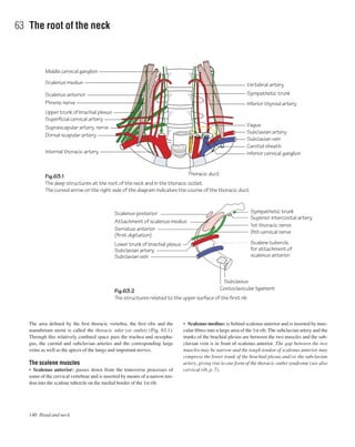 The area deﬁned by the ﬁrst thoracic vertebra, the ﬁrst ribs and the
manubrium sterni is called the thoracic inlet (or outlet) (Fig. 63.1).
Through this relatively conﬁned space pass the trachea and oesopha-
gus, the carotid and subclavian arteries and the corresponding large
veins as well as the apices of the lungs and important nerves.
The scalene muscles
• Scalenus anterior: passes down from the transverse processes of
some of the cervical vertebrae and is inserted by means of a narrow ten-
don into the scalene tubercle on the medial border of the 1st rib.
• Scalenus medius: is behind scalenus anterior and is inserted by mus-
cular ﬁbres into a large area of the 1st rib. The subclavian artery and the
trunks of the brachial plexus are between the two muscles and the sub-
clavian vein is in front of scalenus anterior. The gap between the two
muscles may be narrow and the tough tendon of scalenus anterior may
compress the lower trunk of the brachial plexus and/or the subclavian
artery, giving rise to one form of the thoracic outlet syndrome (see also
cervical rib, p. 7).
140 Head and neck
63 The root of the neck
Fig.63.1
The deep structures at the root of the neck and in the thoracic outlet.
The curved arrow on the right side of the diagram indicates the course of the thoracic duct
Fig.63.2
The structures related to the upper surface of the first rib
Vertebral artery
Inferior thyroid artery
Sympathetic trunk
Subclavian artery
Vagus
Carotid sheath
Inferior cervical ganglion
Sympathetic trunk
Superior intercostal artery
1st thoracic nerve
8th cervical nerve
Scalene tubercle,
for attachment of
scalenus anterior
Costoclavicular ligament
Subclavian vein
Thoracic duct
Internal thoracic artery
Scalenus posterior
Attachment of scalenus medius
Serratus anterior
(first digitation)
Lower trunk of brachial plexus
Subclavian artery
Subclavian vein
Dorsal scapular artery
Suprascapular artery, nerve
Superficial cervical artery
Upper trunk of brachial plexus
Phrenic nerve
Scalenus anterior
Scalenus medius
Middle cervical ganglion
Subclavius
 