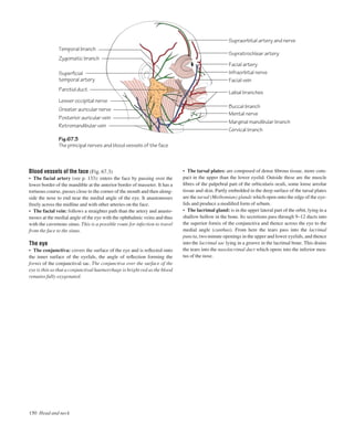150 Head and neck
Zygomatic branch
Fig.67.3
The principal nerves and blood vessels of the face
Temporal branch
Superficial
temporal artery
Lesser occipital nerve
Parotid duct
Greater auricular nerve
Posterior auricular vein
Retromandibular vein
Supraorbital artery and nerve
Supratrochlear artery
Facial vein
Facial artery
Infraorbital nerve
Labial branches
Buccal branch
Marginal mandibular branch
Mental nerve
Cervical branch
Blood vessels of the face (Fig. 67.3)
• The facial artery (see p. 133): enters the face by passing over the
lower border of the mandible at the anterior border of masseter. It has a
tortuous course, passes close to the corner of the mouth and then along-
side the nose to end near the medial angle of the eye. It anastomoses
freely across the midline and with other arteries on the face.
• The facial vein: follows a straighter path than the artery and anasto-
moses at the medial angle of the eye with the ophthalmic veins and thus
with the cavernous sinus. This is a possible route for infection to travel
from the face to the sinus.
The eye
• The conjunctiva: covers the surface of the eye and is reﬂected onto
the inner surface of the eyelids, the angle of reﬂection forming the
fornix of the conjunctival sac. The conjunctiva over the surface of the
eye is thin so that a conjunctival haemorrhage is bright red as the blood
remains fully oxygenated.
• The tarsal plates: are composed of dense ﬁbrous tissue, more com-
pact in the upper than the lower eyelid. Outside these are the muscle
ﬁbres of the palpebral part of the orbicularis oculi, some loose areolar
tissue and skin. Partly embedded in the deep surface of the tarsal plates
are the tarsal (Meibomian) glands which open onto the edge of the eye-
lids and produce a modiﬁed form of sebum.
• The lacrimal gland: is in the upper lateral part of the orbit, lying in a
shallow hollow in the bone. Its secretions pass through 9–12 ducts into
the superior fornix of the conjunctiva and thence across the eye to the
medial angle (canthus). From here the tears pass into the lacrimal
puncta, two minute openings in the upper and lower eyelids, and thence
into the lacrimal sac lying in a groove in the lacrimal bone. This drains
the tears into the nasolacrimal duct which opens into the inferior mea-
tus of the nose.
 