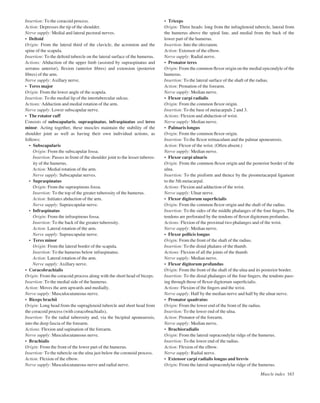 Insertion: To the coracoid process.
Action: Depresses the tip of the shoulder.
Nerve supply: Medial and lateral pectoral nerves.
• Deltoid
Origin: From the lateral third of the clavicle, the acromion and the
spine of the scapula.
Insertion: To the deltoid tubercle on the lateral surface of the humerus.
Actions: Abduction of the upper limb (assisted by supraspinatus and
serratus anterior), ﬂexion (anterior ﬁbres) and extension (posterior
ﬁbres) of the arm.
Nerve supply: Axillary nerve.
• Teres major
Origin: From the lower angle of the scapula.
Insertion: To the medial lip of the intertubercular sulcus.
Actions: Adduction and medial rotation of the arm.
Nerve supply: Lower subscapular nerve.
• The rotator cuff
Consists of subscapularis, supraspinatus, infraspinatus and teres
minor. Acting together, these muscles maintain the stability of the
shoulder joint as well as having their own individual actions, as
follows:
• Subscapularis
Origin: From the subscapular fossa.
Insertion: Passes in front of the shoulder joint to the lesser tuberos-
ity of the humerus.
Action: Medial rotation of the arm.
Nerve supply: Subscapular nerves.
• Supraspinatus
Origin: From the supraspinous fossa.
Insertion: To the top of the greater tuberosity of the humerus.
Action: Initiates abduction of the arm.
Nerve supply: Suprascapular nerve.
• Infraspinatus
Origin: From the infraspinous fossa.
Insertion: To the back of the greater tuberosity.
Action: Lateral rotation of the arm.
Nerve supply: Suprascapular nerve.
• Teres minor
Origin: From the lateral border of the scapula.
Insertion: To the humerus below infraspinatus.
Action: Lateral rotation of the arm.
Nerve supply: Axillary nerve.
• Coracobrachialis
Origin: From the coracoid process along with the short head of biceps.
Insertion: To the medial side of the humerus.
Action: Moves the arm upwards and medially.
Nerve supply: Musculocutaneous nerve.
• Biceps brachii
Origin: Long head from the supraglenoid tubercle and short head from
the coracoid process (with coracobrachialis).
Insertion: To the radial tuberosity and, via the bicipital aponeurosis,
into the deep fascia of the forearm.
Actions: Flexion and supination of the forearm.
Nerve supply: Musculocutaneous nerve.
• Brachialis
Origin: From the front of the lower part of the humerus.
Insertion: To the tubercle on the ulna just below the coronoid process.
Action: Flexion of the elbow.
Nerve supply: Musculocutaneous nerve and radial nerve.
• Triceps
Origin: Three heads: long from the infraglenoid tubercle, lateral from
the humerus above the spiral line, and medial from the back of the
lower part of the humerus.
Insertion: Into the olecranon.
Action: Extensor of the elbow.
Nerve supply: Radial nerve.
• Pronator teres
Origin: From the common ﬂexor origin on the medial epicondyle of the
humerus.
Insertion: To the lateral surface of the shaft of the radius.
Action: Pronation of the forearm.
Nerve supply: Median nerve.
• Flexor carpi radialis
Origin: From the common ﬂexor origin.
Insertion: To the base of metacarpals 2 and 3.
Actions: Flexion and abduction of wrist.
Nerve supply: Median nerve.
• Palmaris longus
Origin: From the common ﬂexor origin.
Insertion: To the ﬂexor retinaculum and the palmar aponeurosis.
Action: Flexor of the wrist. (Often absent.)
Nerve supply: Median nerve.
• Flexor carpi ulnaris
Origin: From the common ﬂexor origin and the posterior border of the
ulna.
Insertion: To the pisiform and thence by the pisometacarpal ligament
to the 5th metacarpal.
Actions: Flexion and adduction of the wrist.
Nerve supply: Ulnar nerve.
• Flexor digitorum superﬁcialis
Origin: From the common ﬂexor origin and the shaft of the radius.
Insertion: To the sides of the middle phalanges of the four ﬁngers. The
tendons are perforated by the tendons of ﬂexor digitorum profundus.
Actions: Flexion of the proximal two phalanges and of the wrist.
Nerve supply: Median nerve.
• Flexor pollicis longus
Origin: From the front of the shaft of the radius.
Insertion: To the distal phalanx of the thumb.
Actions: Flexion of all the joints of the thumb.
Nerve supply: Median nerve.
• Flexor digitorum profundus
Origin: From the front of the shaft of the ulna and its posterior border.
Insertion: To the distal phalanges of the four ﬁngers, the tendons pass-
ing through those of ﬂexor digitorum superﬁcialis.
Actions: Flexion of the ﬁngers and the wrist.
Nerve supply: Half by the median nerve and half by the ulnar nerve.
• Pronator quadratus
Origin: From the lower end of the front of the radius.
Insertion: To the lower end of the ulna.
Action: Pronator of the forearm.
Nerve supply: Median nerve.
• Brachioradialis
Origin: From the lateral supracondylar ridge of the humerus.
Insertion: To the lower end of the radius.
Action: Flexion of the elbow.
Nerve supply: Radial nerve.
• Extensor carpi radialis longus and brevis
Origin: From the lateral supracondylar ridge of the humerus.
Muscle index 163
 