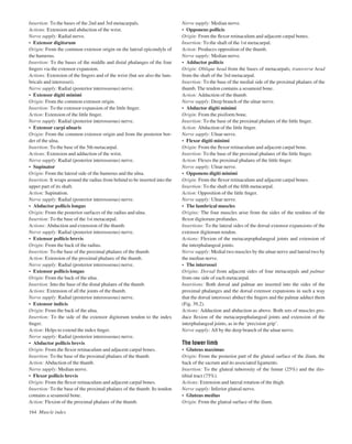 Insertion: To the bases of the 2nd and 3rd metacarpals.
Actions: Extension and abduction of the wrist.
Nerve supply: Radial nerve.
• Extensor digitorum
Origin: From the common extensor origin on the lateral epicondyle of
the humerus.
Insertion: To the bases of the middle and distal phalanges of the four
ﬁngers via the extensor expansion.
Actions: Extension of the ﬁngers and of the wrist (but see also the lum-
bricals and interossei).
Nerve supply: Radial (posterior interosseous) nerve.
• Extensor digiti minimi
Origin: From the common extensor origin.
Insertion: To the extensor expansion of the little ﬁnger.
Action: Extension of the little ﬁnger.
Nerve supply: Radial (posterior interosseous) nerve.
• Extensor carpi ulnaris
Origin: From the common extensor origin and from the posterior bor-
der of the ulna.
Insertion: To the base of the 5th metacarpal.
Actions: Extension and adduction of the wrist.
Nerve supply: Radial (posterior interosseous) nerve.
• Supinator
Origin: From the lateral side of the humerus and the ulna.
Insertion: It wraps around the radius from behind to be inserted into the
upper part of its shaft.
Action: Supination.
Nerve supply: Radial (posterior interosseous) nerve.
• Abductor pollicis longus
Origin: From the posterior surfaces of the radius and ulna.
Insertion: To the base of the 1st metacarpal.
Actions: Abduction and extension of the thumb.
Nerve supply: Radial (posterior interosseous) nerve.
• Extensor pollicis brevis
Origin: From the back of the radius.
Insertion: To the base of the proximal phalanx of the thumb.
Action: Extension of the proximal phalanx of the thumb.
Nerve supply: Radial (posterior interosseous) nerve.
• Extensor pollicis longus
Origin: From the back of the ulna.
Insertion: Into the base of the distal phalanx of the thumb.
Actions: Extension of all the joints of the thumb.
Nerve supply: Radial (posterior interosseous) nerve.
• Extensor indicis
Origin: From the back of the ulna.
Insertion: To the side of the extensor digitorum tendon to the index
ﬁnger.
Action: Helps to extend the index ﬁnger.
Nerve supply: Radial (posterior interosseous) nerve.
• Abductor pollicis brevis
Origin: From the ﬂexor retinaculum and adjacent carpal bones.
Insertion: To the base of the proximal phalanx of the thumb.
Action: Abduction of the thumb.
Nerve supply: Median nerve.
• Flexor pollicis brevis
Origin: From the ﬂexor retinaculum and adjacent carpal bones.
Insertion: To the base of the proximal phalanx of the thumb. Its tendon
contains a sesamoid bone.
Action: Flexion of the proximal phalanx of the thumb.
164 Muscle index
Nerve supply: Median nerve.
• Opponens pollicis
Origin: From the ﬂexor retinaculum and adjacent carpal bones.
Insertion: To the shaft of the 1st metacarpal.
Action: Produces opposition of the thumb.
Nerve supply: Median nerve.
• Adductor pollicis
Origin: Oblique head from the bases of metacarpals; transverse head
from the shaft of the 3rd metacarpal.
Insertion: To the base of the medial side of the proximal phalanx of the
thumb. The tendon contains a sesamoid bone.
Action: Adduction of the thumb.
Nerve supply: Deep branch of the ulnar nerve.
• Abductor digiti minimi
Origin: From the pisiform bone.
Insertion: To the base of the proximal phalanx of the little ﬁnger.
Action: Abduction of the little ﬁnger.
Nerve supply: Ulnar nerve.
• Flexor digiti minimi
Origin: From the ﬂexor retinaculum and adjacent carpal bone.
Insertion: To the base of the proximal phalanx of the little ﬁnger.
Action: Flexes the proximal phalanx of the little ﬁnger.
Nerve supply: Ulnar nerve.
• Opponens digiti minimi
Origin: From the ﬂexor retinaculum and adjacent carpal bones.
Insertion: To the shaft of the ﬁfth metacarpal.
Action: Opposition of the little ﬁnger.
Nerve supply: Ulnar nerve.
• The lumbrical muscles
Origins: The four muscles arise from the sides of the tendons of the
ﬂexor digitorum profundus.
Insertions: To the lateral sides of the dorsal extensor expansions of the
extensor digitorum tendon.
Actions: Flexion of the metacarpophalangeal joints and extension of
the interphalangeal joints.
Nerve supply: Medial two muscles by the ulnar nerve and lateral two by
the median nerve.
• The interossei
Origins: Dorsal from adjacent sides of four metacarpals and palmar
from one side of each metacarpal.
Insertions: Both dorsal and palmar are inserted into the sides of the
proximal phalanges and the dorsal extensor expansions in such a way
that the dorsal interossei abduct the ﬁngers and the palmar adduct them
(Fig. 39.2).
Actions: Adduction and abduction as above. Both sets of muscles pro-
duce ﬂexion of the metacarpophalangeal joints and extension of the
interphalangeal joints, as in the ‘precision grip’.
Nerve supply: All by the deep branch of the ulnar nerve.
The lower limb
• Gluteus maximus
Origin: From the posterior part of the gluteal surface of the ilium, the
back of the sacrum and its associated ligaments.
Insertion: To the gluteal tuberosity of the femur (25%) and the ilio-
tibial tract (75%).
Actions: Extension and lateral rotation of the thigh.
Nerve supply: Inferior gluteal nerve.
• Gluteus medius
Origin: From the gluteal surface of the ilium.
 