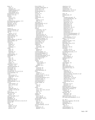 Index 169
breast, 91
cancer, 77
carcinomas, 69
lymphatic drainage, 68–9
surface markings, 27
venous drainage, 68–9
broad ligament, 56, 57, 61
bronchi, 14, 15, 142
bronchial
arteries, 13, 17
carcinomas, 15
veins, 17
bronchopulmonary segments, 15, 16
buccal nerve, 129, 131
buccinator, 148, 167
bulbospongiosus, 59
bundle of His, 23
caecum, 43
calcaneocuboid joint, 115
calcaneus, 114, 115, 119
calf, 97
muscles, 112, 113
Camper’s fascia, 30
canal of Schlemm, 155
canine teeth, 147
canthus, 150
capsular ligaments, 82, 109, 159
capsule (eyeball), 155
carcinomas
breast, 69
bronchial, 15
larynx, 139
oesophagus, 11
cardiac
oriﬁce, 39
plexus, 25
tamponade, 19
veins, 24, 25
cardinal ligaments, 57
cardiomegaly, 17
carotid
body, 133
canal, 124
sheath, 137, 142
sinus, 133
triangle, 137
carpal tunnel, 65, 86–7
syndrome, 71, 87
carpometacarpal joints, 87
carrying angle, 63
cauda equina, 160
cave of Retzius, 61
cavernous sinus, 127, 135, 152, 153
cavum trigeminale, 153
central
mass (sacrum), 55
retinal artery, 133, 155
tendon, 9
centrilobular veins, 44
cephalic vein, 69, 75
cerebrospinal ﬂuid, 152, 155
cervical
cardiac branches, 121
nerve, 127, 131, 149
rib, 6, 7
spine, 159
sympathetic chain, 73
vertebrae, 137, 158, 159
cervix, 61
chemoreceptors, 133
chest wall, 9, 69
muscles, 75
chest X-ray (CXR), 16, 17
cholangitis, 45
cholelithiasis, 45
cholesterol stones, 45
chorda tympani, 128, 129, 131, 145, 147, 157
choroid, 155
ciliary
body, 155
ganglion, 127, 155
muscle, 121, 155
processes, 155
Circle of Willis, 133
circumﬂex scapular artery, 67
cisterna chyli, 11, 35
clavicle, 62, 91, 137
clavipectoral fascia, 75
clitoris, 59
coccygeus, 55
coccyx, 55
cochlea, 157
cochlear nerve, 131
coeliac
ganglion, 51, 121
trunk, 32, 33
colic arteries, 33
collateral ligaments, 83, 115
Colles’ fascia, 30
Colles’ fracture, 64
colon, 43
common
carotid artery, 133, 157
extensor origin, 85
ﬂexor origin, 85
iliac arteries, 57
interosseous artery, 67
palmar digital arteries, 67
peroneal nerve, 92, 100, 101, 111, 119
compartment syndrome, 113
condyloid synovial joints, 87
cone of light, 156, 157
conjoint tendon, 162
conjunctiva, 150
conjunctival
fornix, 150
haemorrhage, 150
conoid
ligament, 62
tubercle, 62
constrictor pupillae, 121
coracoacromial ligament, 79
coracobrachialis, 79, 81, 163
coracoclavicular ligaments, 62, 75
coracohumeral ligament, 79
coracoid process, 91
cornea, 155
coronary
arteries, 22, 23
bypass grafting, 23
surgery, 97
ligament, 36, 37
corpus
cavernosum, 59
spongiosum, 59
cortical radial branch, 49
costal
cartilages, 7
margin, 27, 45, 53
costocervical trunk, 13, 135, 141
costochondral joint, 7
costoclavicular ligaments, 62, 75
costophrenic angle, 17
costotransverse joint, 7
costovertebral joint, 7
Cowper’s glands, 59
coxa
valga, 93
vara, 93
cranial
cavity, 152–3
nerves, 126–7, 130–1, 144, 145
outﬂow, 121
root, 131
cranium, 123
cribriform
fascia, 106, 107
plate of ethmoid, 123
cricoid cartilage, 139, 157
cricothyroid
joint, 139
ligament, 139
muscle, 138, 139
cricovocal membrane, 138, 139
cruciate
anastomosis, 95
ligaments, 110, 111
cubital fossa, 82–3
cuboid bone, 115
cuneiform bone, 115
cutaneous nerves, 68, 127, 137
CXR (chest X-ray), 16, 17
dartos, 59
deciduous teeth, 147
deep
circumﬂex iliac artery, 30
external pudendal artery, 107
fascia of neck, 137
ﬂexor muscles, 113
inguinal ring, 53, 118
palmar arch, 67, 91
palmar branch, 67
perineal pouch, 59
peroneal nerve, 101, 113
plantar arch, 95, 117
temporal arteries, 133
temporal nerves, 129
terminal branch, 73
transverse metacarpal ligaments, 117
transverse metatarsal ligaments, 117
veins, 69, 97
venous thrombosis, 97, 113
deltoid, 71, 75, 79, 115, 163
injuries, 73
deltopectoral triangle, 75, 91
demifacets, 159
Denonvilliers’ fascia, 43, 61
dens, 158, 159
dentate line, 43
dermatomes, 160, 161
descendens
cervicalis, 127, 131
hypoglossi, 127, 131, 145
descending thoracic aorta, 12, 13
detrusor, 61
diaphragm, 8, 9, 162
chest X-rays, 17
surface markings, 27
diaphragma selli, 153
digastric
muscle, 145
triangle, 137
dilator pupillae, 155
diploë, 123
diploic veins, 123
direct inguinal hernia, 53
distal transverse crease, 91
dorsal
carpal arch, 67
carpal branch, 67
cutaneous branch, 73
interosseous muscle, 88, 89, 95, 117, 167
lingual arteries, 133
metatarsal branch, 95
scapular artery, 13, 135, 141
tubercle (of Lister), 64, 91
venous arch, 119
venous network, 69, 91
dorsalis
pedis artery, 95, 113
pedis pulse, 119
dorsiﬂexor muscles, 112
ductus deferens see vas deferens
duodenal ulcer, perforated, 25
duodenum, 39
blood supply, 39
dura mater, 160
ﬁbrous layer, 152
serous layer, 152
dural venous sinuses, 135, 152
DVT (deep venous thrombosis), 97, 113
ear, 156–7
ED (extensor digitorum), 89, 119, 164
efferent ducts, 59
ejaculatory ducts, 61
elbow, 91
joint, 82–3
electrocardiograms, 22
embryonic pharynx, 142
 