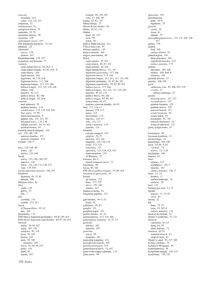 170 Index
emissary
foramina, 123
veins, 123, 135, 151
empyema, 15
endometrium, 61
endopelvic fascia, 57
epidymis, 58, 59
epigastric arteries, 30
epiglottis, 139
epitympanic recess, 157
Erb–Duchenne paralysis, 73, 161
ethmoid, 125
ethmoidal
nerves, 129
sinuses, 147
Eustachian tube, 139, 157
expiration, mechanisms, 17
extensor
carpi radialis brevis, 87, 163–4
carpi radialis longus, 85, 87, 163–4
carpi ulnaris, 164
digiti minimi, 164
digitorum, 89, 119, 164
digitorum brevis, 113, 166
digitorum longus, 113, 115, 166
hallucis longus, 113, 115, 119, 166
indicis, 164
muscles, 81, 112
pollicis brevis, 83, 164
pollicis longus, 83, 164
external
anal sphincter, 59
auditory meatus, 124
carotid artery, 132, 133, 145, 149
iliac artery, 57, 95
intercostal muscles, 9
jugular vein, 135, 137, 157
laryngeal nerve, 131, 139
oblique muscles, 28, 30, 162
urethral meatus, 59
extrinsic muscle (tongue), 144
eye, 129, 148, 150
anterior chamber, 155
posterior chamber, 155
eyeball, 154–5
face, 123, 148–50
bones, 125
nerves, 126, 149
facial
artery, 133, 145, 150, 157
muscles, 148
nerve, 121, 130, 131, 149, 157
vein, 135, 150
facial expression, muscles, 148, 167
falciform
ligament, 36, 37, 45
margin, 106
fallopian tubes, 61
false
cords, 139
pelvis, 55
ribs, 7
falx
cerebelli, 153
cerebri, 152, 153
fascia
of Denonvilliers, 43, 61
lata, 106
fasciotomy, 113
FDP (ﬂexor digitorum profundus), 85, 87, 89, 163
FDS (ﬂexor digitorum superﬁcialis), 85, 87, 89, 163
femoral
artery, 94, 95, 107
canal, 107, 119
condyles, 93, 119
head, 93, 103
hernia, 118
neck, 93, 103
fractures, 105
nerve, 51, 98, 99, 107
pulse, 119
shaft, 93
sheath, 107
triangle, 95, 106, 107
vein, 97, 106, 107
femur, 92, 93, 110
ﬁbrocartilage, 75
ﬁbrous ﬂexor sheaths, 89
ﬁbula, 92, 93, 114
ﬁbular
head, 93, 119
neck, 93
notch, 93
ﬁght or ﬂight reaction, 121
Filaria bancrofti, 97
ﬁliform papillae, 147
ﬁlum terminale, 160
ﬁngers, movements, 89
ﬂexor
carpi radialis, 87, 163
carpi ulnaris, 85, 87, 163
digiti minimi, 89, 164
digiti minimi brevis, 117, 167
digitorum accessorius, 117, 166
digitorum brevis, 117, 166
digitorum longus, 113, 115, 117, 119, 166
digitorum profundus, 85, 87, 89, 163
digitorum superﬁcialis, 85, 87, 89, 163
hallucis brevis, 117, 166
hallucis longus, 113, 115, 117, 119, 166
muscles, 81, 83, 113
pollicis brevis, 89, 164
pollicis longus, 87, 89, 163
retinaculum, 65, 87
tendons, synovial sheaths, 86, 87
foot, 112, 114–17
dorsum, 116, 117
joints, 115
movements, 113
muscles, 116, 117
sole, 116, 117
surface anatomy, 119
tendons, 118
foramen
caecum (tongue), 143
epiploic, 36, 37
lacerum, 123, 124
magnum, 123, 124, 135
ovale, 123, 124
rotundum, 123
spinosum, 123, 124, 125, 145
transversarium, 159
of Winslow, 37
forearm, 84–5
lateral cutaneous nerve, 71
fourchette, 59
fovea, 93, 102
FPL (ﬂexor pollicis longus), 87, 89, 163
frenulum of glans penis, 59
frontal
air sinuses, 123
bone, 123, 125
nerve, 129, 149
sinuses, 147
fundus of uterus, 61
fungiform papillae, 147
gall-bladder, 44–5, 53
fossa, 45
gallstones, 45, 47
ganglia, 121
ganglion impar, 121
gastric arteries, 31, 33
gastrocnemius, 113, 115, 166
gastrosplenic ligament, 36, 37, 47
gemellus
inferior, 105
superior, 105
genicular
artery, 95
branches, 101
geniculate ganglion, 131
genioglossus muscle, 147
geniohyoid muscle, 145
genitofemoral nerve, 51, 107
genu of the corpus callosum, 133
glans penis, 59
glaucoma, 155
glenohumeral
joint, 78–9
ligaments, 79
glenoid
cavity, 78
fossa, 63
labrum, 79
glossopharyngeal nerve, 121, 131, 145, 146,
147
glottis, 139
gluteal
fold, 105
surface (ilium), 55
gluteal region, 105
deep structures, 104
superﬁcial muscles, 103
surface anatomy, 119
gluteus
maximus, 105, 164
medius, 105, 164–5
minimus, 165
gonadal arteries, 33
gracilis, 108, 165
great
saphenous vein, 97, 106, 107, 119
vessels, 18
surface markings, 27
greater
auricular nerve, 127, 137
occipital nerve, 127
palatine foramen, 125
palatine nerves, 129
petrosal branch, 131
sciatic foramina, 55
sciatic notch, 55
trochanter, 93, 119
tubercle (humerus), 63
wings of sphenoid, 123
groin, lymph nodes, 97
haematuria, 49
haemopericardium, 19
haemorrhage, 11
hamstrings, 105, 108
hand, 65, 88–9, 91
‘clawed’, 73
nerves, 72–3, 88
hard palate, 146
haustra, 43
head
injuries, 133
lymphatics, 156–7
muscles, 167
surface anatomy, 156–7
heart, 18–23
borders, 17
surface markings, 26
surfaces, 19
heel, 119
hemiazygos vein, 13, 17
hepatic
arteries, 31, 33, 45
veins, 45
hernia, 52
hip
bone, 54, 55
joint, 93, 102–5
surface anatomy, 119
hook of the hamate, 91
Horner’s syndrome, 73, 121
humeral
capitulum, 63, 83
head, 63, 79
shaft, fracture, 71
humerus, 63, 91
anatomical neck, 63
surgical neck, 63
Hunter’s canal, 95, 107, 108
hyaline cartilage, 79
hydatid of Morgagni, 59
hydronephrosis, 49
hyoglossus muscle, 145, 147
hyoid bone, 139, 157
 