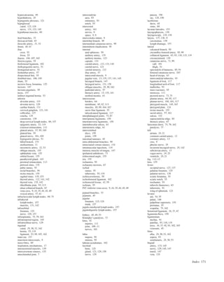 Index 171
hypercalcaemia, 49
hyperhidrosis, 25
hypogastric plexuses, 121
hypoglossal
canal, 123, 124
nerve, 131, 133, 145
hypothenar muscles, 89
ileal branches, 33
ileocaecal fold, 43
ileocolic artery, 31, 33
ileum, 40, 41
iliac
crest, 55
fossa, 55
iliacus, 106, 107, 165
iliococcygeus, 55
iliofemoral ligament, 102
iliohypogastric nerve, 51
ilioinguinal nerve, 51
iliolumbar artery, 57
iliopectineal line, 55
iliotibial tract, 106, 108
ilium, 55
incisive fossa, foramina, 125
incisors, 147
incisura angularis, 39
incus, 157
indirect inguinal hernia, 53
inferior
alveolar artery, 133
alveolar nerve, 129
cardiac branch, 131
cervical ganglion, 121, 141
colliculus, 127
concha, 125
constrictor, 139
deep cervical lymph nodes, 69, 157
epigastric artery, 53, 118
extensor retinaculum, 113
gluteal artery, 57, 95, 105
gluteal line, 55
gluteal nerve, 101, 105
hypogastric plexus, 51
labial branch, 133
mediastinum, 11
mesenteric artery, 32, 33
oblique muscle, 155
ophthalmic vein, 155
orbital ﬁssure, 155
parathyroid gland, 143
peroneal retinaculum, 113
petrosal sinus, 135
pubic ramus, 55
rectal branches, 59
rectus muscle, 155
sagittal sinus, 135, 153
thyroid artery, 132, 141, 142
thyroid vein, 135, 142
tibioﬁbular joint, 93, 113
ulnar collateral branch, 67
vena cava, 9, 34, 35, 44, 45, 49
vesical artery, 57, 61
infraclavicular lymph nodes, 69, 75
infrahyoid
lymph nodes, 157
muscles, 131, 142
infraorbital
foramen, 125
nerve, 129, 157
infraspinatus, 75, 79, 163
infratemporal region, 145
infratrochlear nerve, 129
inguinal
canal, 29, 30, 52, 162
hernia, 53, 118
ligament, 53, 98, 107, 162
inner ear, 157
innermost intercostals, 9
insect bites, 69
inspiration, mechanisms, 17
interarytenoid muscles, 139
intercavernous sinuses, 135
interchondral joint, 7
intercondylar
area, 93
eminence, 93
notch, 93
intercostal
artery, 161
nerves, 9
space, 8, 9
intercostales intimi, 9
interlobar branch, 49
intermediate cutaneous nerve, 99
intermittent claudication, 95
internal
anal sphincter, 59
auditory artery, 135
auditory meatus, 123
capsule, 133
carotid artery, 132, 133, 145
carotid nerve, 121
carotid stenosis, 132
iliac artery, 57
intercostal muscle, 9
jugular vein, 13, 135, 137, 141, 145
laryngeal branch, 147
laryngeal nerve, 131, 139
oblique muscles, 28, 30, 162
pudendal artery, 57
thoracic artery, 13, 135, 141
urethral meatus, 61
interosseous
borders, 64
membrane, 85, 92, 113
muscles, 88, 89, 164, 167
sacro-iliac ligament, 55
talocalcaneal ligament, 117
interphalangeal joints, 73, 87
interspinous ligaments, 159
intertransverse ligaments, 159
intertubercular sulcus, 63
interureteric ridge, 61
intervertebral
discs, 159
joints, 159
intestinal tumours, 45
intra-abdominal branches, 99
intracranial venous sinuses, 134
intramuscular injections, 119
intrinsic muscles of tongue, 147
ipsilateral anhidrosis, 73
iridocorneal angle, 155
iris, 155
ischaemia, 95
ischaemic necrosis, 67
ischial
ramus, 55
tuberosity, 55, 119
ischiocavernosus, 59
ischiofemoral ligament, 102
ischiorectal fossae, 42, 59
ischium, 55
IVC (inferior vena cava), 9, 34, 35, 44, 45, 49
jejunal branches, 33
jejunum, 40
jugular
foramen, 123, 124
trunk, 157
jugulo-omohyoid lymph nodes, 157
jugulodigastric lymph nodes, 157
kidney, 48, 49, 53
Klumpke’s paralysis, 73
knee, 92
injuries, 111
joint, 109–11
nerves, 101
labia
majora, 59
minora, 59
labrum acetabulare, 102
lacrimal
bone, 125
gland, 121, 129, 150
nerve, 129
puncta, 150
sac, 125, 150
lactiferous
ducts, 68
sinus, 69
lacunae laterales, 153
laryngopharynx, 139
laryngoscopy, 138, 139
larynx, 137, 138–9
carcinomas, 139
lymph drainage, 157
lateral
calcaneal branch, 95
circumﬂex femoral artery, 95, 99
collateral ligament, 83, 93, 110, 115, 119
cricoarytenoid, 139
cutaneous nerve, 71, 99
calf, 101
thigh, 51
epicondyle of humerus, 85, 91
femoral cutaneous nerve, 107
head of triceps, 63
intercondylar tubercles, 93
ligament of foot, 117
longitudinal arch of foot, 117
malleolus, 93
mass (sacrum), 55
meniscus, 111
pectoral nerve, 73, 75
plantar artery, 94, 95, 117
plantar nerve, 100, 101, 117
pterygoid muscle, 145, 167
pterygoid plate, 124
rectus muscle, 155
sacral artery, 57, 161
sulcus, 133
supracondylar ridge, 85
thoracic artery, 67
latissimus dorsi, 75, 79, 162
paralysis, 77
left
atrium, 20, 21
common carotid artery, 13
coronary artery, 13
crus, 9
phrenic nerve, 25
recurrent laryngeal nerve, 25, 142
subclavian artery, 13
vagus nerve, 24, 25
ventricle, 20, 21
leg, 112–13
lens, 155
lesser
occipital nerve, 127, 137
palatine foramen, 125
palatine nerves, 129
sciatic foramina, 55
sciatic notch, 55
trochanter, 93
tubercle (humerus), 63
tuberosity, 91
wing of sphenoid, 123
levator
ani, 54, 55
palati, 146
palpebrae superioris, 155
prostatae, 55
scapulae, 75, 162
lienorenal ligament, 36, 37, 47
ligamenta ﬂava, 159
ligamentum
nuchae, 91
patellae, 93, 110, 119
teres, 36, 37, 45, 93, 102, 103
venosum, 45
linea
alba, 28, 30, 53, 162
aspera, 93
semilunaris, 28, 30, 53
lingual
artery, 133, 145
nerve, 129, 145, 147
tonsil, 147
vein, 135
 