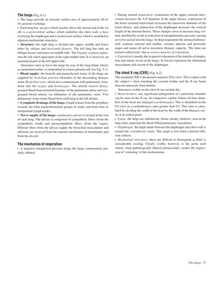 The lungs (Fig. 6.1)
• The lungs provide an alveolar surface area of approximately 40 m2
for gaseous exchange.
• Each lung has: an apex which reaches above the sternal end of the 1st
rib; a costovertebral surface which underlies the chest wall; a base
overlying the diaphragm and a mediastinal surface which is moulded to
adjacent mediastinal structures.
• Structure: the right lung is divided into upper, middle and lower
lobes by oblique and horizontal ﬁssures. The left lung has only an
oblique ﬁssure and hence no middle lobe. The lingular segment repres-
ents the left sided equivalent of the right middle lobe. It is, however, an
anatomical part of the left upper lobe.
Structures enter or leave the lungs by way of the lung hilum which,
as mentioned earlier, is ensheathed in a loose pleural cuff (see Fig. 5.1).
• Blood supply: the bronchi and parenchymal tissue of the lungs are
supplied by bronchial arteriesabranches of the descending thoracic
aorta. Bronchial veins, which also communicate with pulmonary veins,
drain into the azygos and hemiazygos. The alveoli receive deoxy-
genated blood from terminal branches of the pulmonary artery and oxy-
genated blood returns via tributaries of the pulmonary veins. Two
pulmonary veins return blood from each lung to the left atrium.
• Lymphatic drainage of the lungs: lymph returns from the periphery
towards the hilar tracheobronchial groups of nodes and from here to
mediastinal lymph trunks.
• Nerve supply of the lungs: a pulmonary plexus is located at the root
of each lung. The plexus is composed of sympathetic ﬁbres (from the
sympathetic trunk) and parasympathetic ﬁbres (from the vagus).
Efferent ﬁbres from the plexus supply the bronchial musculature and
afferents are received from the mucous membranes of bronchioles and
from the alveoli.
The mechanics of respiration
• A negative intrapleural pressure keeps the lungs continuously par-
tially inﬂated.
• During normal inspiration: contraction of the upper external inter-
costals increases the A-P diameter of the upper thorax; contraction of
the lower external intercostals increases the transverse diameter of the
lower thorax; and contraction of the diaphragm increases the vertical
length of the internal thorax. These changes serve to increase lung vol-
ume and thereby result in reduction of intrapulmonary pressure causing
air to be sucked into the lungs. In deep inspiration the sternocleidomas-
toid, scalenus anterior and medius, serratus anterior and pectoralis
major and minor all aid to maximize thoracic capacity. The latter are
termed collectivelyathe accessory muscles of respiration.
• Expiration is mostly due to passive relaxation of the muscles of inspira-
tion and elastic recoil of the lungs. In forced expiration the abdominal
musculature aids ascent of the diaphragm.
The chest X-ray (CXR) (Fig. 6.2)
The standard CXR is the postero-anterior (PA) view. This is taken with
the subject’s chest touching the cassette holder and the X-ray beam
directed anteriorly from behind.
Structures visible on the chest X-ray include the:
• Heart borders: any signiﬁcant enlargement of a particular chamber
can be seen on the X-ray. In congestive cardiac failure all four cham-
bers of the heart are enlarged (cardiomegaly). This is identiﬁed on the
PA view as a cardiothoracic ratio greater than 0.5. This ratio is calcu-
lated by dividing the width of the heart by the width of the thoracic cav-
ity at its widest point.
• Lungs: the lungs are radiolucent. Dense streaky shadows, seen at the
lung roots, represent the blood-ﬁlled pulmonary vasculature.
• Diaphragm: the angle made between the diaphragm and chest wall is
termed the costophrenic angle. This angle is lost when a pleural effu-
sion collects.
• Mediastinal structures: these are difﬁcult to distinguish as there is
considerable overlap. Clearly visible, however, is the aortic arch
which, when pathologically dilated (aneurysmal), creates the impres-
sion of ‘widening’ of the mediastinum.
The lungs 17
 