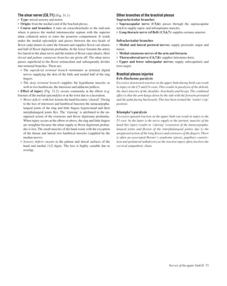 The ulnar nerve (C8,T1) (Fig. 31.1)
• Type: mixed sensory and motor.
• Origin: from the medial cord of the brachial plexus.
• Course and branches: it runs on coracobrachialis to the mid-arm
where it pierces the medial intermuscular septum with the superior
ulnar collateral artery to enter the posterior compartment. It winds
under the medial epicondyle and passes between the two heads of
ﬂexor carpi ulnaris to enter the forearm and supplies ﬂexor cari ulnaris
and half of ﬂexor digitorum profundus. In the lower forearm the artery
lies lateral to the ulnar nerve and the tendon of ﬂexor carpi ulnaris. Here
dorsal and palmar cutaneous branches are given off. The ulnar nerve
passes superﬁcial to the ﬂexor retinaculum and subsequently divides
into terminal branches. These are:
• The superﬁcial terminal branchaterminates as terminal digital
nerves supplying the skin of the little and medial half of the ring
ﬁngers.
• The deep terminal branchasupplies the hypothenar muscles as
well as two lumbricals, the interossei and adductor pollicis.
• Effect of injury (Fig. 31.2): occurs commonly at the elbow (e.g.
fracture of the medial epicondyle) or at the wrist due to a laceration.
• Motor deﬁcitawith low lesions the hand becomes ‘clawed’. Owing
to the loss of interossei and lumbrical function the metacarpopha-
langeal joints of the ring and little ﬁngers hyperextend and their
interphalangeal joints ﬂex. The ‘clawing’ is attributed to the un-
opposed action of the extensors and ﬂexor digitorum profundus.
When injury occurs at the elbow or above, the ring and little ﬁngers
are straighter because the ulnar supply to ﬂexor digitorum profun-
dus is lost. The small muscles of the hand waste with the exception
of the thenar and lateral two lumbrical muscles (supplied by the
median nerve).
• Sensory deﬁcitaoccurs to the palmar and dorsal surfaces of the
hand and medial 11/2 digits. The loss is highly variable due to
overlap.
Other branches of the brachial plexus
Supraclavicular branches
• Suprascapular nerve (C5,6): passes through the suprascapular
notch to supply supra- and infraspinatus muscles.
• Long thoracic nerve (of Bell) (C5,6,7): supplies serratus anterior.
Infraclavicular branches
• Medial and lateral pectoral nerves: supply pectoralis major and
minor.
• Medial cutaneous nerves of the arm and forearm.
• Thoracodorsal nerve (C6,7,8): supplies latissimus dorsi.
• Upper and lower subscapular nerves: supply subscapularis and
teres major.
Brachial plexus injuries
Erb–Duchenne paralysis
Excessive downward traction on the upper limb during birth can result
in injury to the C5 and C6 roots. This results in paralysis of the deltoid,
the short muscles of the shoulder, brachialis and biceps. The combined
effect is that the arm hangs down by the side with the forearm pronated
and the palm facing backwards. This has been termed the ‘waiter’s tip’
position.
Klumpke’s paralysis
Excessive upward traction on the upper limb can result in injury to the
T1 root. As the latter is the nerve supply to the intrinsic muscles of the
hand this injury results in ‘clawing’ (extension of the metacarpopha-
langeal joints and ﬂexion of the interphalangeal joints) due to the
unopposed action of the long ﬂexors and extensors of the ﬁngers. There
is often an associated Horner’s syndrome (ptosis, pupillary constric-
tion and ipsilateral anhidrosis) as the traction injury often involves the
cervical sympathetic chain.
Nerves of the upper limb II 73
 