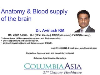 Anatomy & Blood supply
of the brain
Dr. Avinash KM
MS, MRCS Ed(UK), Mch (KEM, Mumbai), FINR(Switzerland), FMINS(Germany),
• Interventional & Neurovascular surgeon and Stroke specialist,
• Endoscopic Neuro and Spine surgeon,
• Minimally invasive Neuro and Spine surgeon (FMINS).
mob: 9740866228, E mail: doc_avin@hotmail.com
Consultant Neurosurgeon and Neurointerventionist
Columbia Asia Hospital, Bangalore.
 