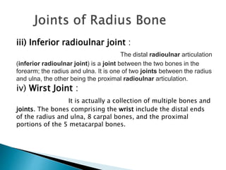 iii) Inferior radioulnar joint : 
The distal radioulnar articulation 
(inferior radioulnar joint) is a joint between the two bones in the 
forearm; the radius and ulna. It is one of two joints between the radius 
and ulna, the other being the proximal radioulnar articulation. 
iv) Wirst Joint : 
It is actually a collection of multiple bones and 
joints. The bones comprising the wrist include the distal ends 
of the radius and ulna, 8 carpal bones, and the proximal 
portions of the 5 metacarpal bones. 
 