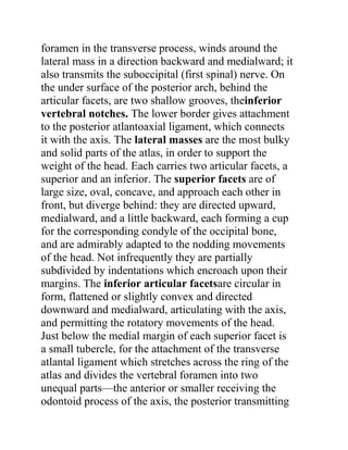 foramen in the transverse process, winds around the
lateral mass in a direction backward and medialward; it
also transmits the suboccipital (first spinal) nerve. On
the under surface of the posterior arch, behind the
articular facets, are two shallow grooves, theinferior
vertebral notches. The lower border gives attachment
to the posterior atlantoaxial ligament, which connects
it with the axis. The lateral masses are the most bulky
and solid parts of the atlas, in order to support the
weight of the head. Each carries two articular facets, a
superior and an inferior. The superior facets are of
large size, oval, concave, and approach each other in
front, but diverge behind: they are directed upward,
medialward, and a little backward, each forming a cup
for the corresponding condyle of the occipital bone,
and are admirably adapted to the nodding movements
of the head. Not infrequently they are partially
subdivided by indentations which encroach upon their
margins. The inferior articular facetsare circular in
form, flattened or slightly convex and directed
downward and medialward, articulating with the axis,
and permitting the rotatory movements of the head.
Just below the medial margin of each superior facet is
a small tubercle, for the attachment of the transverse
atlantal ligament which stretches across the ring of the
atlas and divides the vertebral foramen into two
unequal parts—the anterior or smaller receiving the
odontoid process of the axis, the posterior transmitting
 