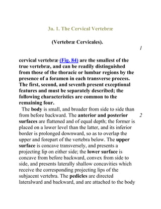 3a. 1. The Cervical Vertebræ

               (Vertebræ Cervicales).
                                                         1

cervical vertebræ (Fig. 84) are the smallest of the
true vertebræ, and can be readily distinguished
from those of the thoracic or lumbar regions by the
presence of a foramen in each transverse process.
The first, second, and seventh present exceptional
features and must be separately described; the
following characteristics are common to the
remaining four.
  The body is small, and broader from side to side than
from before backward. The anterior and posterior          2
surfaces are flattened and of equal depth; the former is
placed on a lower level than the latter, and its inferior
border is prolonged downward, so as to overlap the
upper and forepart of the vertebra below. The upper
surface is concave transversely, and presents a
projecting lip on either side; the lower surface is
concave from before backward, convex from side to
side, and presents laterally shallow concavities which
receive the corresponding projecting lips of the
subjacent vertebra. The pedicles are directed
lateralward and backward, and are attached to the body
 