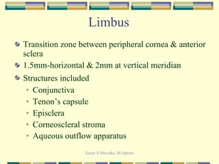 Limbus  Transition zone between peripheral cornea & anterior sclera 1.5mm-horizontal & 2mm at vertical meridian Structures included   Conjunctiva Tenon’s capsule Episclera Corneoscleral stroma Aqueous outflow apparatus   