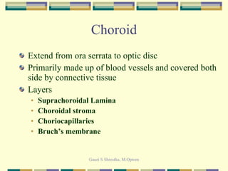 Choroid Extend from ora serrata to optic disc Primarily made up of blood vessels and covered both side by connective tissue Layers Suprachoroidal Lamina Choroidal stroma Choriocapillaries Bruch’s membrane 