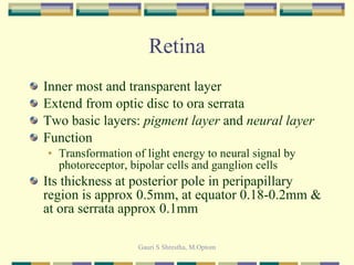 Retina Inner most and transparent layer Extend from optic disc to ora serrata Two basic layers:  pigment layer  and  neural layer Function Transformation of light energy to neural signal by photoreceptor, bipolar cells and ganglion cells Its thickness at posterior pole in peripapillary region is approx 0.5mm, at equator 0.18-0.2mm & at ora serrata approx 0.1mm 