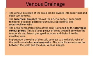 Venous Drainage
• The venous drainage of the scalp can be divided into superficial and
deep components.
• The superficial drainage follows the arterial supply: superficial
temporal, occipital, posterior auricular, supraorbital and
supratrochlear veins.
• The deep (temporal) region of the skull is drained by the pterygoid
venous plexus. This is a large plexus of veins situated between the
temporalis and lateral pterygoid muscles,and drains into the
maxillary vein.
• Importantly, the veins of the scalp connect to the diploic veins of
the skull via valveless emissary veins. This establishes a connection
between the scalp and the dural venous sinuses.
 