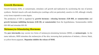 Growth Hormone.
Growth hormone (GH), or somatotropin, stimulates cell growth and replication by accelerating the rate of protein
synthesis. Skeletal muscle cells and chondrocytes (cartilage cells) are particularly sensitive to GH, although virtually
every tissue responds to some degree.
The production of GH is regulated by growth hormone– releasing hormone (GH–RH, or somatocrinin) and
growth hormone–inhibiting hormone (GH–IH, or somatostatin) from the hypothalamus. Somatomedins inhibit
GH–RH and stimulate GH–IH.
Melanocyte-Stimulating Hormone.
The pars intermedia may secrete two forms of melanocyte-stimulating hormone (MSH), or melanotropin. As the
name indicates, MSH stimulates the melanocytes of the skin, increasing their production of melanin, a brown, black,
or yellow-brown pigment. Dopamine inhibits the release of MSH.
 