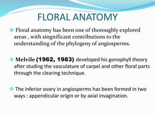 FLORAL ANATOMY
 Floral anatomy has been one of thoroughly explored
areas , with singnificant contributions to the
understanding of the phylogeny of angiosperms.
 Melvile (1962, 1983) developed his gonophyll theory
after studing the vasculature of carpel and other floral parts
through the clearing technique.
 The inferior ovary in angiosperms has been formed in two
ways : appendicular origin or by axial invagination.
 