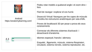 Android
https://anatomylearning.com/
Podeu rotar models a qualsevol angle i el zoom dins i
fora
Fàcil de navegar i explorar el cos humà
Dissecció Virtual: Navegueu per les capes de músculs
i reveleu les estructures anatòmiques per sota d'ells.
Proves de localització 3D per posar a prova els seus
coneixements
Connectar els diferents sistemes d'activació i
desactivació d'anatomia
Idiomes espanyol, francès i alemany
Esquelet , lligaments, músculs, sistema Respiratori,
circulació, sistema nerviós, sistema reproductor, etc.
 