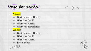 Vascularização
● Arterial:
○ Gastromentais D e E;
○ Gástricas D e E;
○ Gástricas curtas;
○ Gástricas posteriores;
● Venosa:
○ Gastromentais D e E;
○ Gástricas D e E;
○ Gástricas curtas;
○ Pré-pilórica.
 