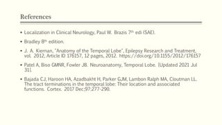 References
 Localization in Clinical Neurology, Paul W. Brazis 7th edi (SAE).
 Bradley 8th edition.
 J. A. Kiernan, "Anatomy of the Temporal Lobe", Epilepsy Research and Treatment,
vol. 2012, Article ID 176157, 12 pages, 2012. https://doi.org/10.1155/2012/176157
 Patel A, Biso GMNR, Fowler JB. Neuroanatomy, Temporal Lobe. [Updated 2021 Jul
31].
 Bajada CJ, Haroon HA, Azadbakht H, Parker GJM, Lambon Ralph MA, Cloutman LL.
The tract terminations in the temporal lobe: Their location and associated
functions. Cortex. 2017 Dec;97:277-290.
 