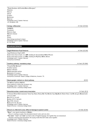 "Thank Goodness All Cerebral Bursts Dissipate":
Thiamine
Glucose
Ativan
Cerebyx
Barbiturate
Diprivan
Knowledge Level 2, System: Nervous
J.D. Broughton, MD
Vertigo: differential Hi Yield [ID 932]
VOMITS:
Vestibulitis
Ototoxic drugs
Meniere's disease
Injury
Tumor
Spin (benign positional vertigo)
Knowledge Level 6, System: Nervous
Dr. J.G. Norris
NEUROSCIENCES
Argyll-Robertson Pupil features Hi Yield [ID 326]
Argyll Robertson Pupil (ARP)
Read it from front to back: it is ARP, standing for Accomodation Reflex Present.
Read it from back to front: it is PRA, standing for Pupillary Reflex Absent.
Knowledge Level 1, System: Nervous
Anonymous Contributor
Auditory pathway: mandatory stops Hi Yield [ID 2080]
"Come In My Baritone":
Cochlear nucleus
Inferior colliculus
Medial geniculate nucleus
Brodmann's 41 (cortex)
Knowledge Level 4, System: Nervous
Anonymous Contributor Baylor College of Medicine, Houston, TX
Basal ganglia: indirect vs. direct pathway [ID 67]
The Indirect pathway Inhibits.
Direct pathway is hence the excitatory one.
Knowledge Level 1, System: Nervous
Robert O'Connor University College Dublin
Branchial arches: cranial nerve innervation Hi Yield [ID 3]
In Sensory/Motor/Both mnemonic 'Some Say Marry Money But My Brother Says Big Boobs Matter More', the B's also give Brancial arch
nerves in order:
But (CN 5): 1st arch
Brother (CN7): 2nd arch
Big (CN9): 3rd arch
Boobs (CN 10): 4th arch
Knowledge Level 3, System: Nervous
Robert O'Connor University College Dublin
Broca's vs. Wernick's area: effect of damage to speech center Hi Yield [ID 84]
"Broca": your speech machinery is Broken.
Broca is wanting to speak, but articulation doesn't work, and very slow.
"Wer-nick": "were" and "nick" are both words of English language, but together they are nonsensical.
Wernick is having good articulation, but saying words that don't make sense together.
Knowledge Level 1, System: Nervous
Robert O'Connor University College Dublin
 