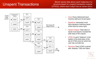 Unspent Transactions
Bitcoin stores data about users' balances in a
structure based on unspent transaction outputs
(UTXOs)...