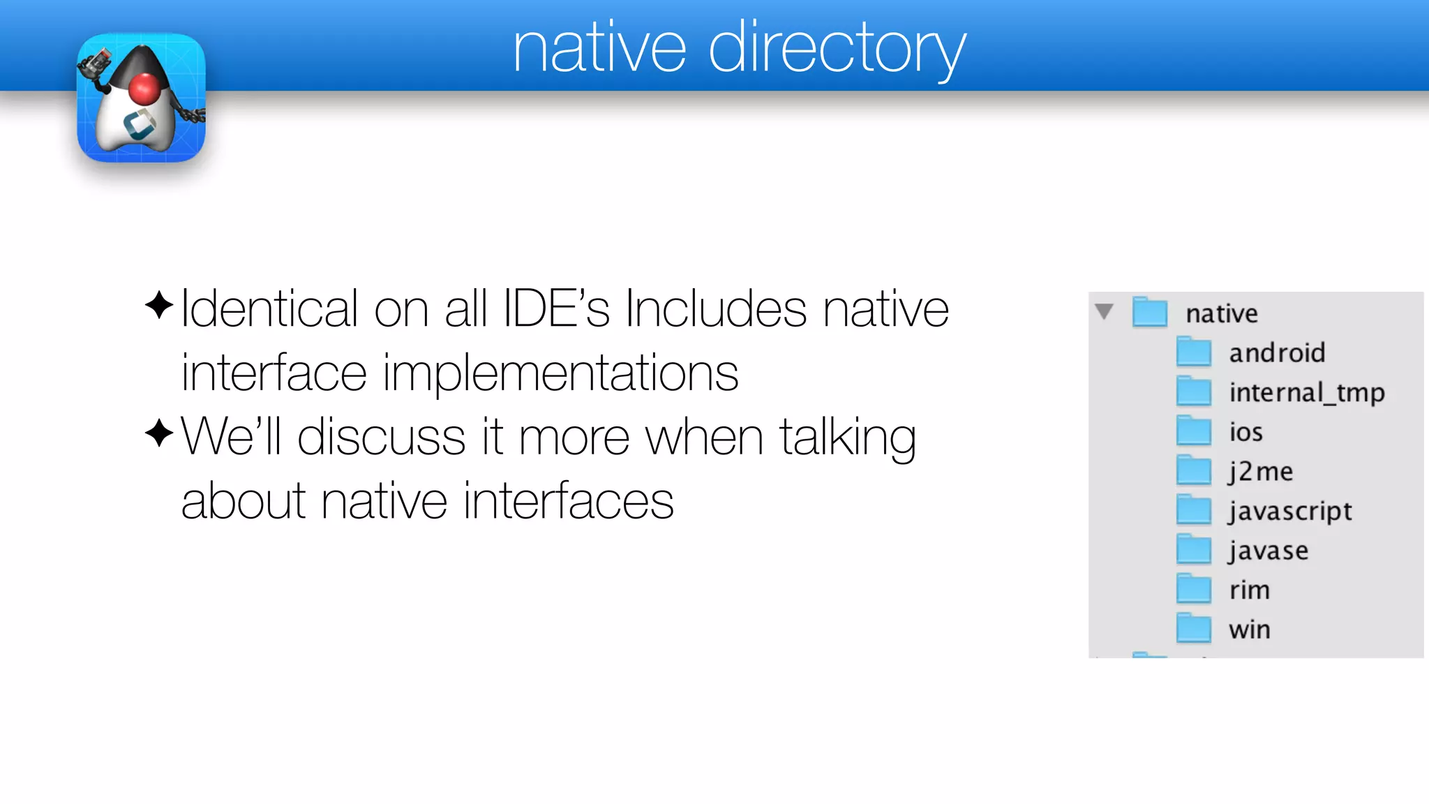 native directory
✦ Identical on all IDE’s Includes native
interface implementations
✦ We’ll discuss it more when talking
about native interfaces
 
