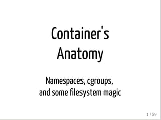 Container's
Anatomy
Namespaces, cgroups,
and some filesystem magic
1 / 59
 