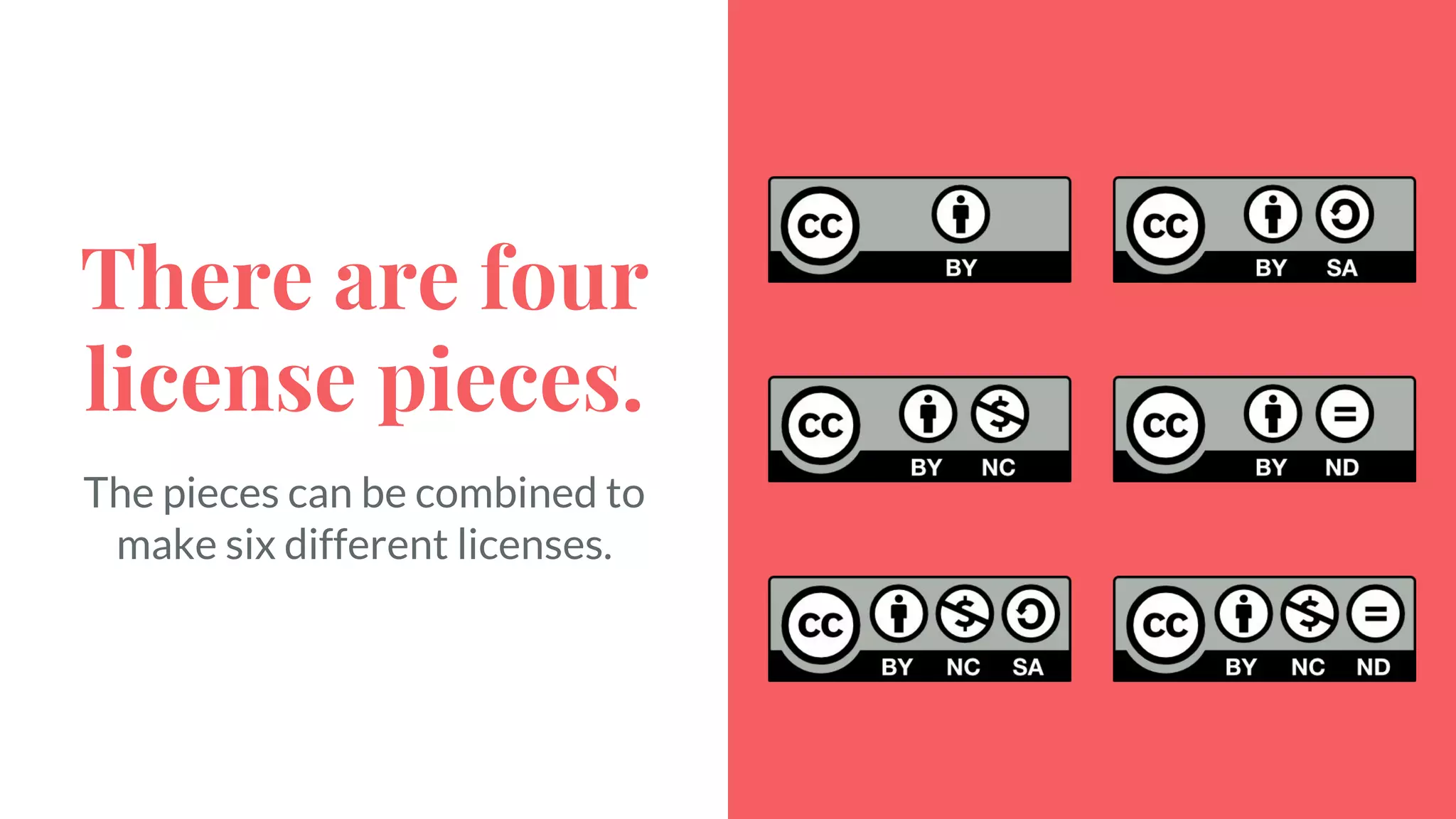 There are four
license pieces.
The pieces can be combined to
make six different licenses.
 