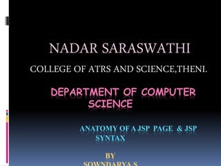DEPARTMENT OF COMPUTER
SCIENCE
ANATOMY OF A JSP PAGE & JSP
SYNTAX
BY
NADAR SARASWATHI
COLLEGE OF ATRS AND SCIENCE,THENI.
 
