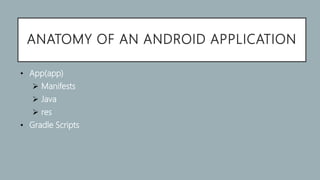 ANATOMY OF AN ANDROID APPLICATION
• App(app)
 Manifests
 Java
 res
• Gradle Scripts
 