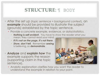 STRUCTURE: ¶ BODY
• After the set up (topic sentence + background context), an
example should be provided to illustrate the subject
(grounds) established by the topic sentence.
• Provide a concrete example, evidence, or data/statistics.
• Nothing is self-evident. You have to show the reader what you
mean; they cannot read your mind.
• If it’s not on the page, it’s not there.
• Show, don’t tell. Remember seeing
is believing, so demonstrate.
• Analyze and explain how the
example supports the reason
(supporting claim in the topic
sentence).
• Analytic explanation clarifies how you want the reader to
understand the example in relation to your point.
 