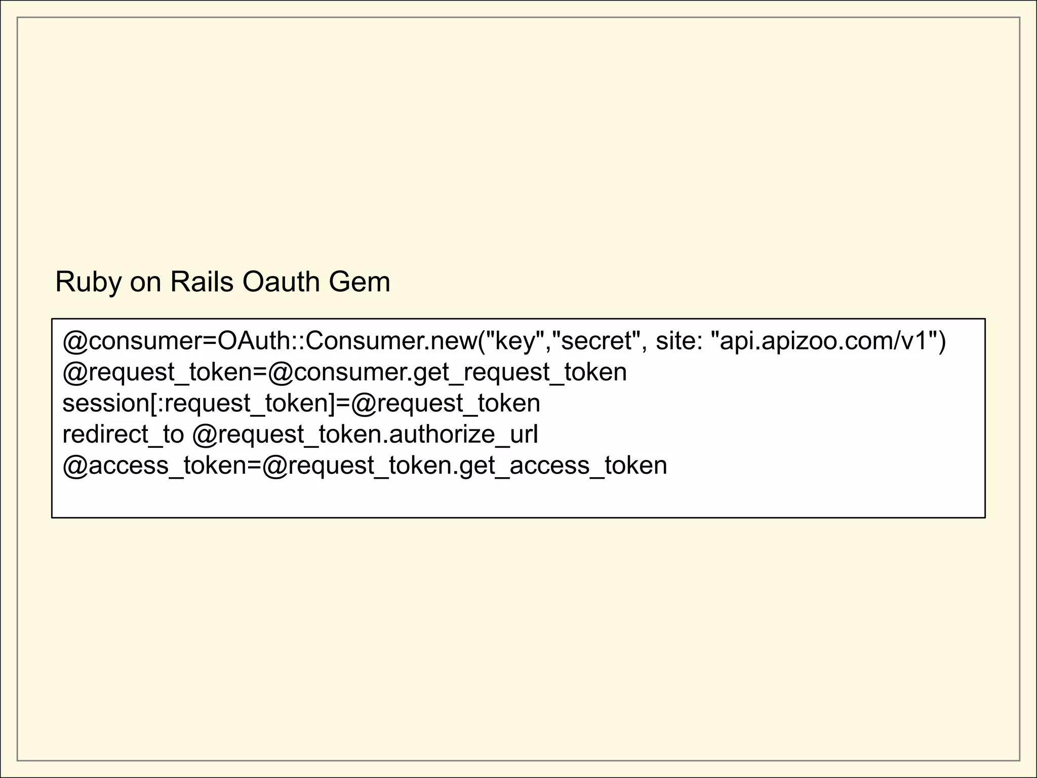 Ruby on Rails Oauth Gem

@consumer=OAuth::Consumer.new("key","secret", site: "api.apizoo.com/v1")
@request_token=@consumer.get_request_token
session[:request_token]=@request_token
redirect_to @request_token.authorize_url
@access_token=@request_token.get_access_token
 