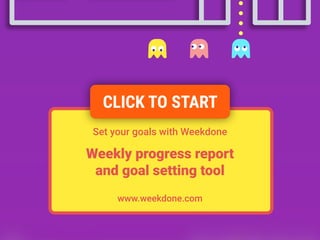 Set your goals with Weekdone
Weekly progress report
and goal setting tool
www.weekdone.com
CLICK TO START
 
