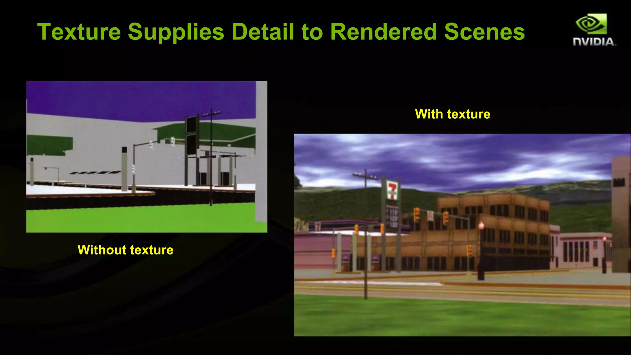 Texture Supplies Detail to Rendered Scenes


                                With texture




   Without texture
 